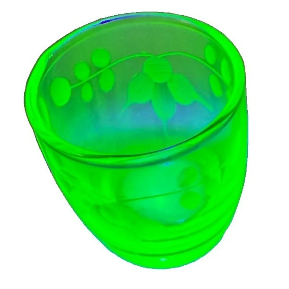 Uranium Glass Cordial Shot Glass Etched Floral UV Glow 2.75